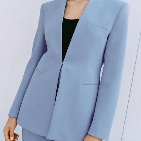 Zara collarless blazer blue size medium nwt new with tag long sleeve - Picture 8 of 9